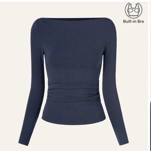 OGL Navy Side Ruched Boatneck Brami Top Long Sleeve Top Size S Built In Bra